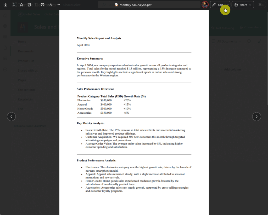 edit button on an opened pdf in sharepoint