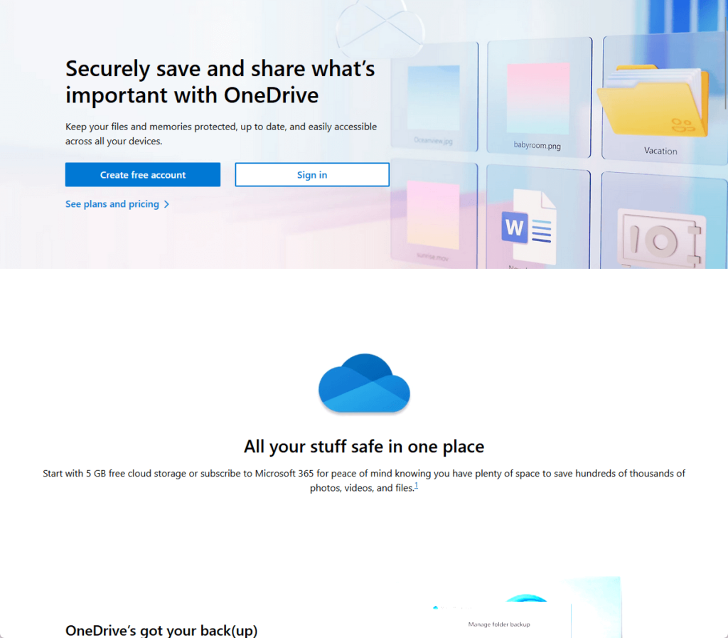 microsoft onedrive landing page
