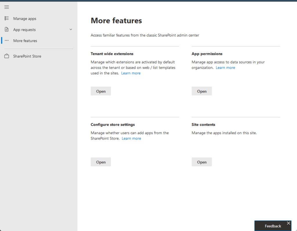 Screenshot of the SharePoint admin center showing the More features section with options for Tenant wide extensions, App permissions, Configure store settings, and Site contents on the main panel.