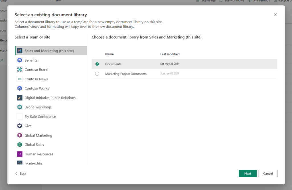 select an existing document library