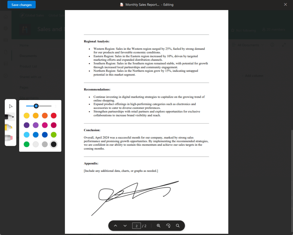 writing on a pdf in sharepoint
