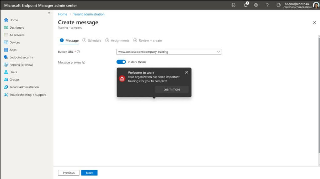 create message in tenant admin