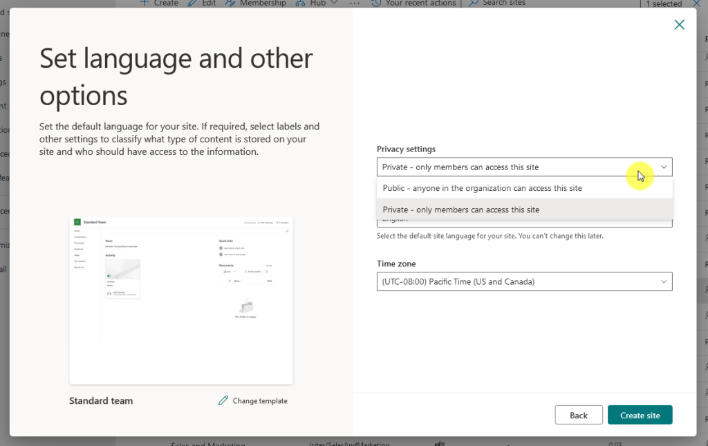 privacy settings selection in team site creation
