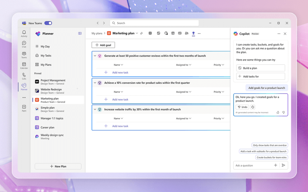 set goals in planner with copilot