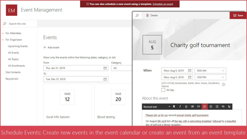 sharepoint sapiens event management schedule events