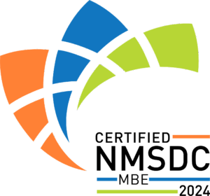 The image displays the Certified NMSDC MBE 2024 logo with blue, green, and orange abstract shapes forming a circular pattern above the text.