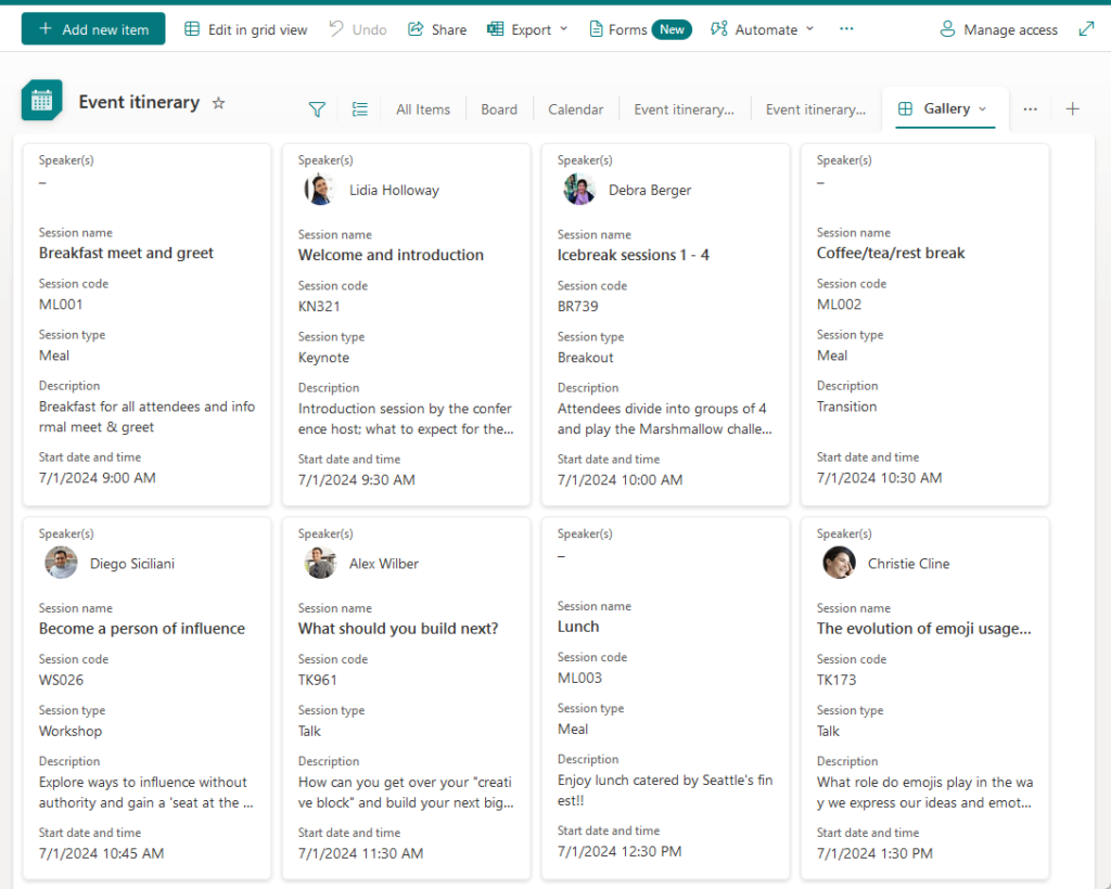gallery view of a list
