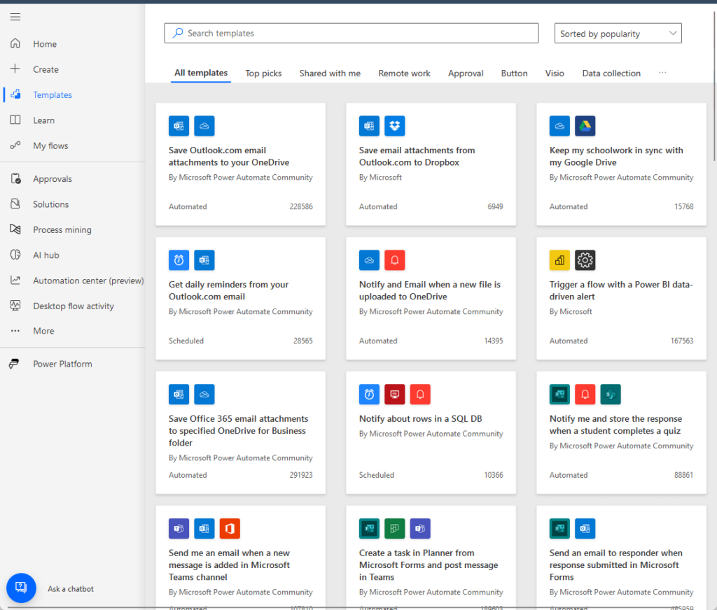 power automate all templates