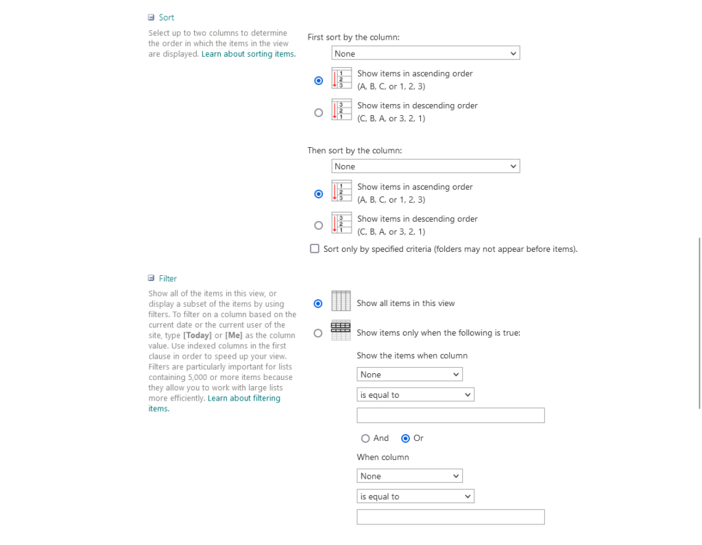 sort and filter options for a view