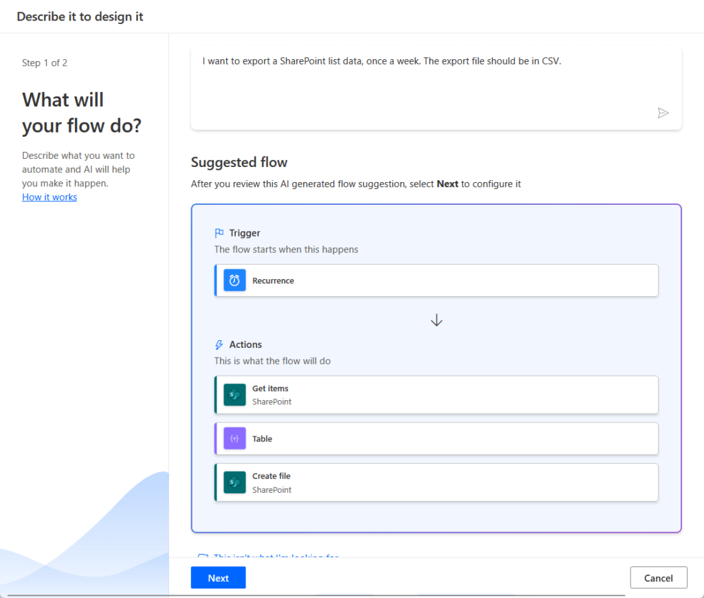 accept the suggested flow to export a list