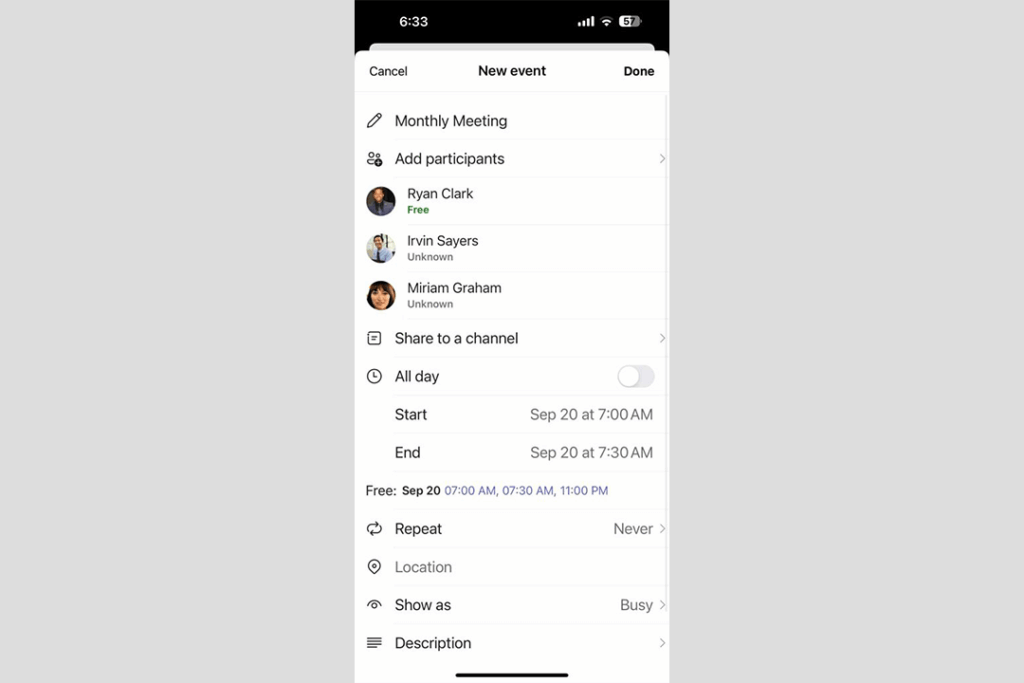 adding a new meeting event in the teams mobile app