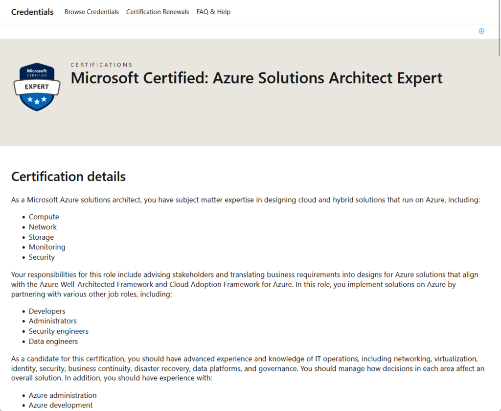 azure solutions architect expert certification landing page
