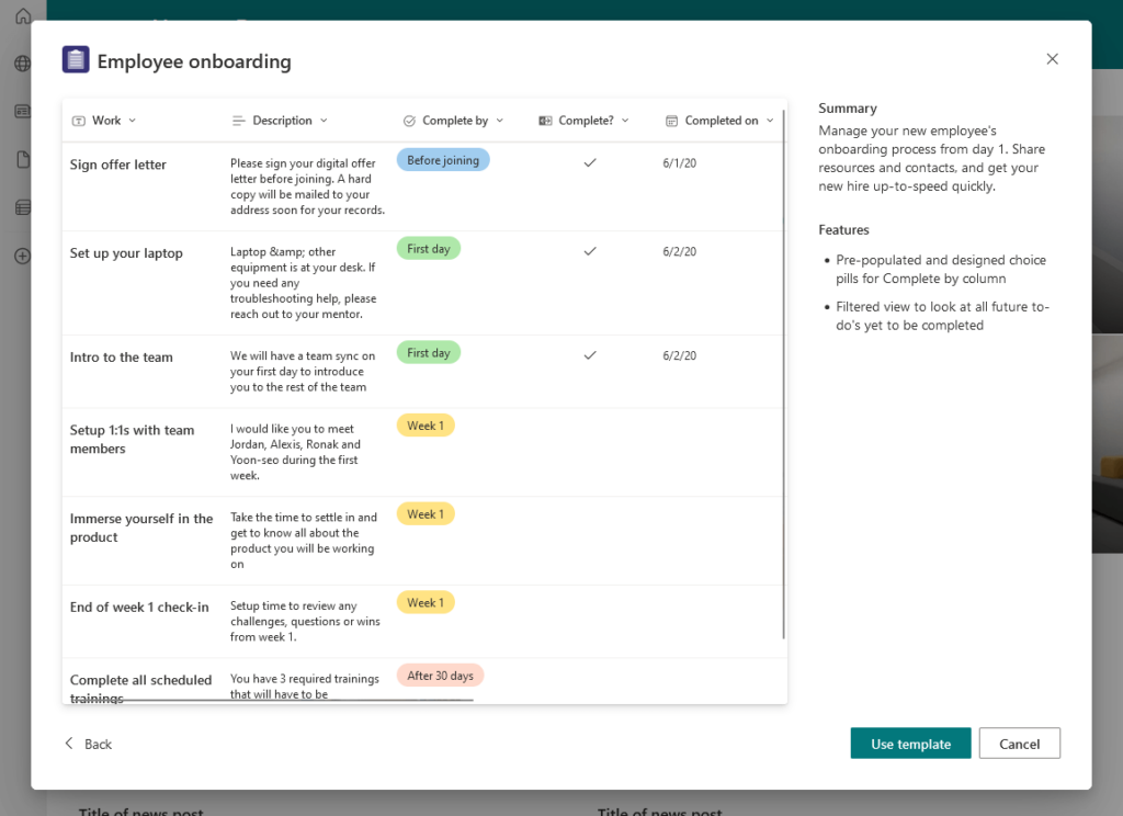 employee onboarding list template