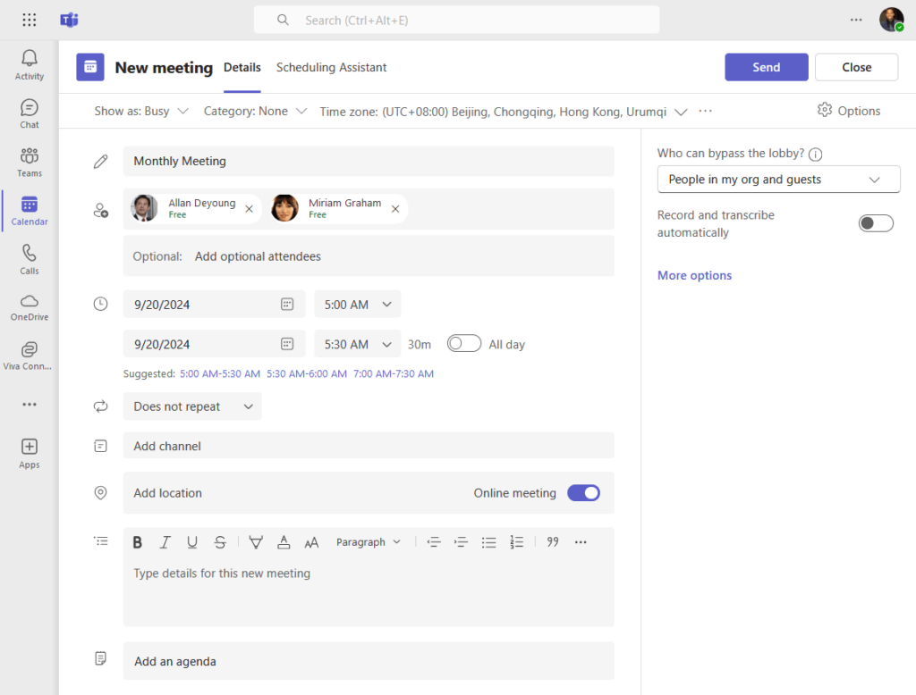 new meeting details in modern teams