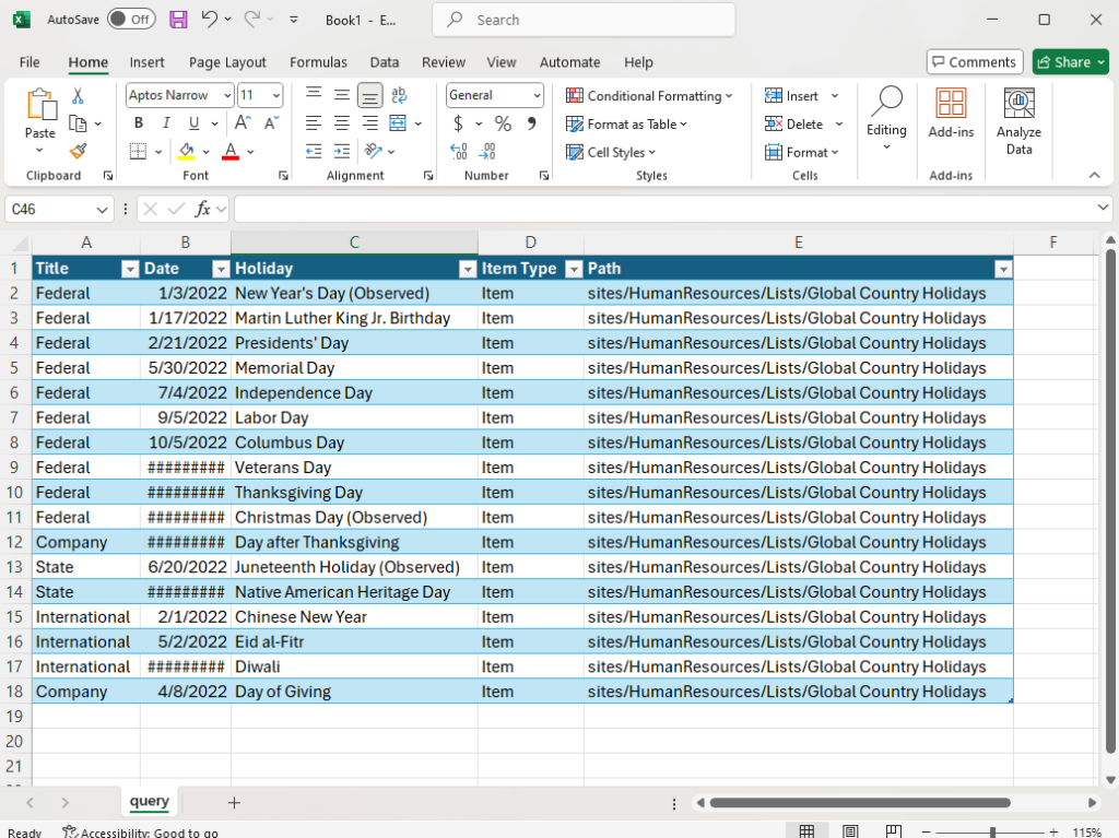preview of the iqy file download from a list
