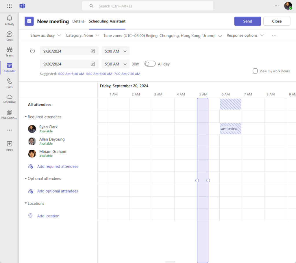 scheduling assistant in teams with attendees