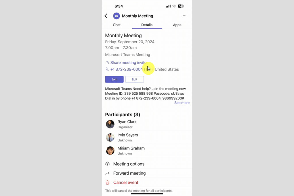 share meeting invite button in the teams mobile app