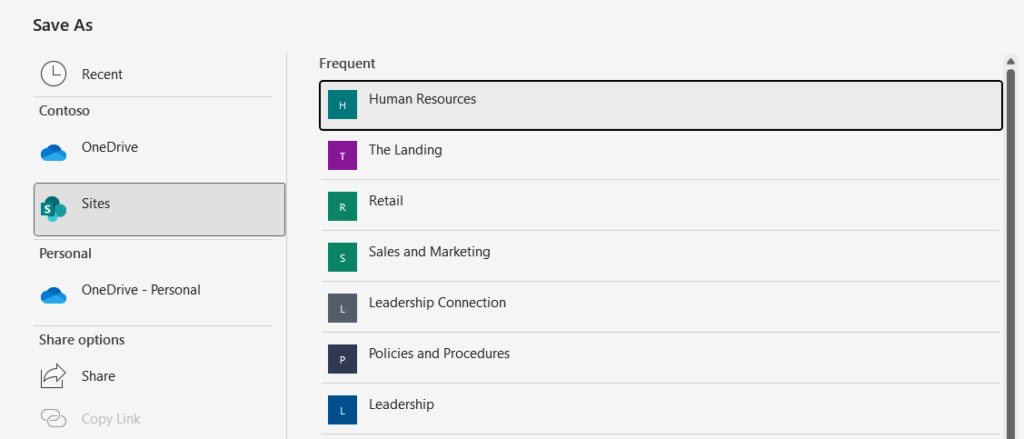 sites option in save as in excel