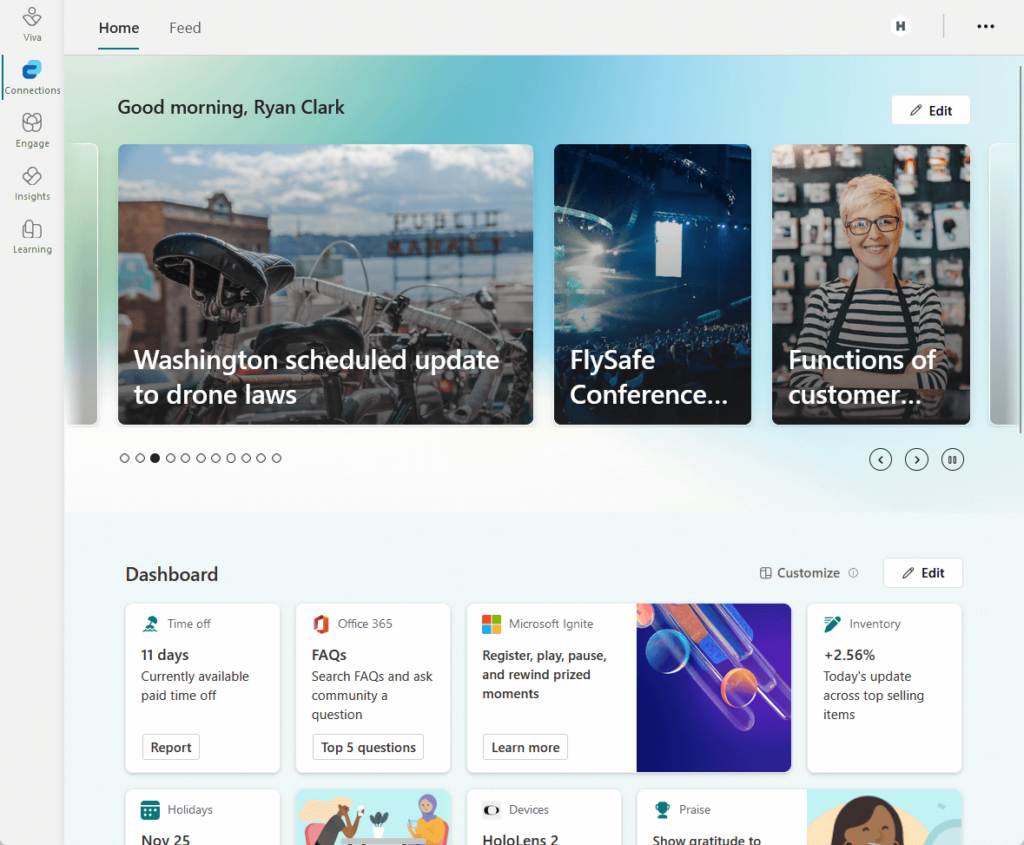 Microsoft Viva Connections home dashboard showing personalized company updates for Ryan Clark, including news cards about drone laws and conferences, a dashboard with widgets for time off, Office 365 FAQs, Microsoft Ignite, and inventory updates, with navigation options for Viva modules on the left.