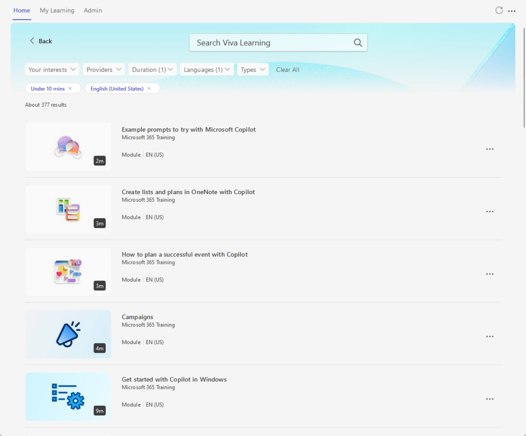 viva learning showing available courses