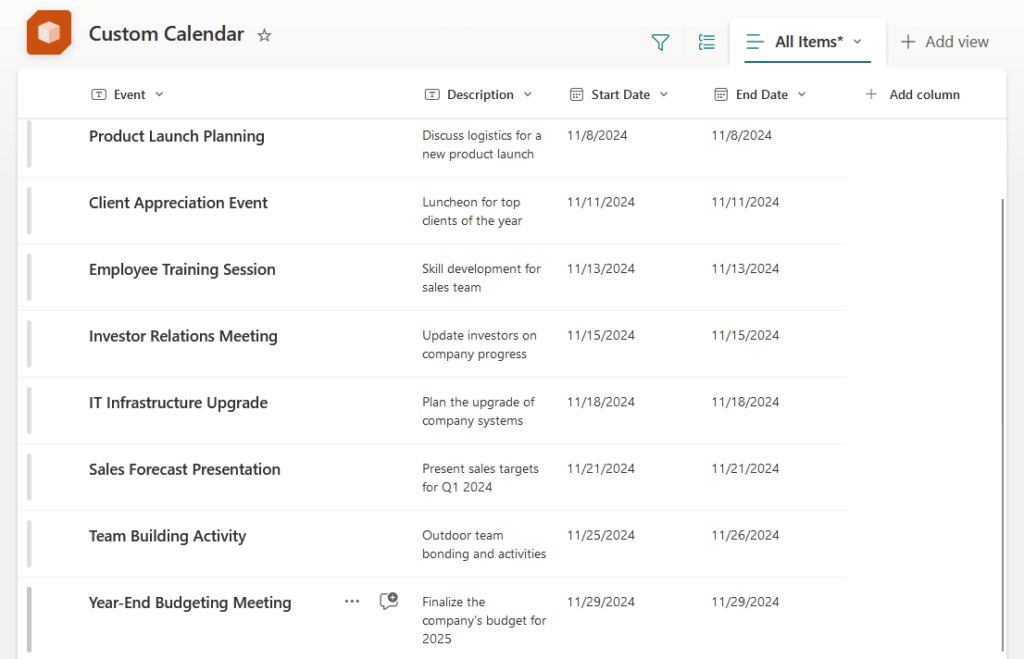 custom calendar list with dummy data