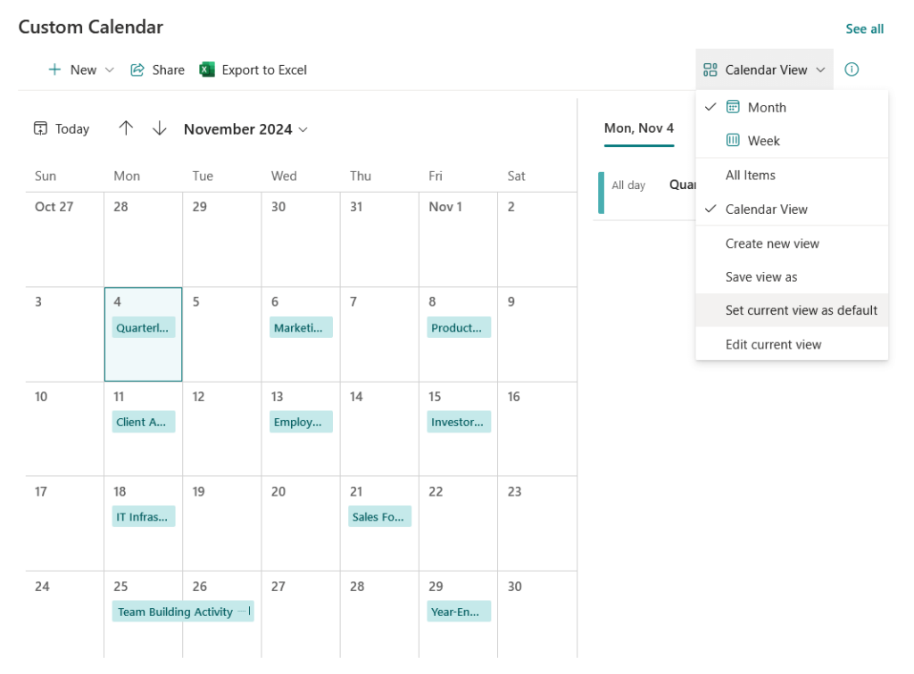 embedding a calendar list to a page