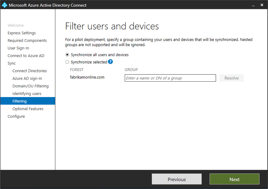 filter users and devices with entra connect