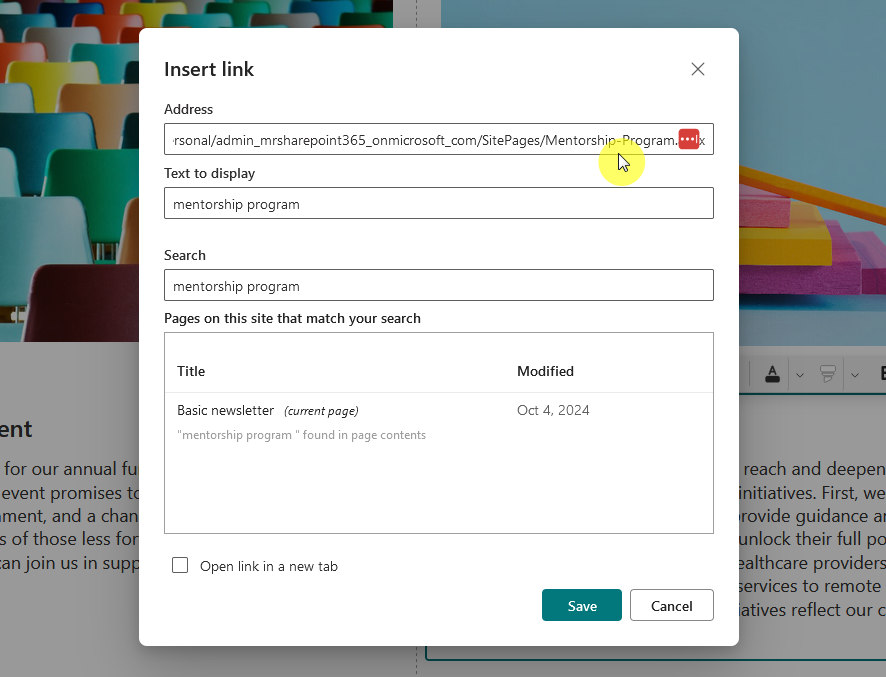 inserting an internal hyperlink in the address field
