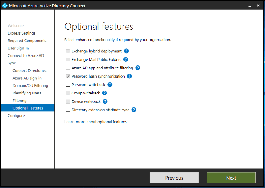 optional features with entra connect