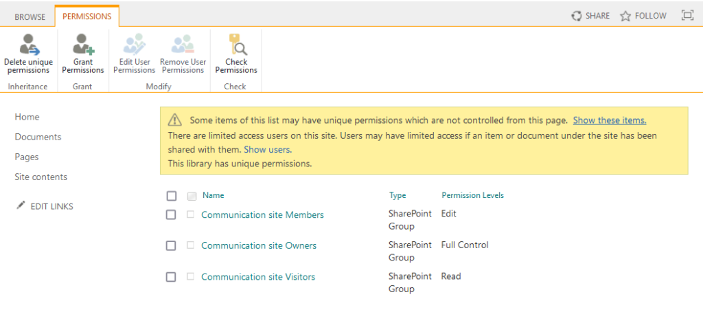 permissioms management page in a document library
