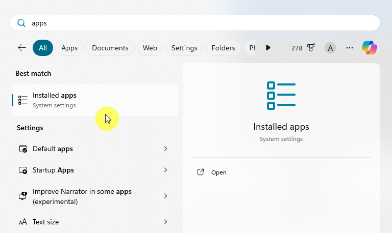 search for installed apps from the taskbar