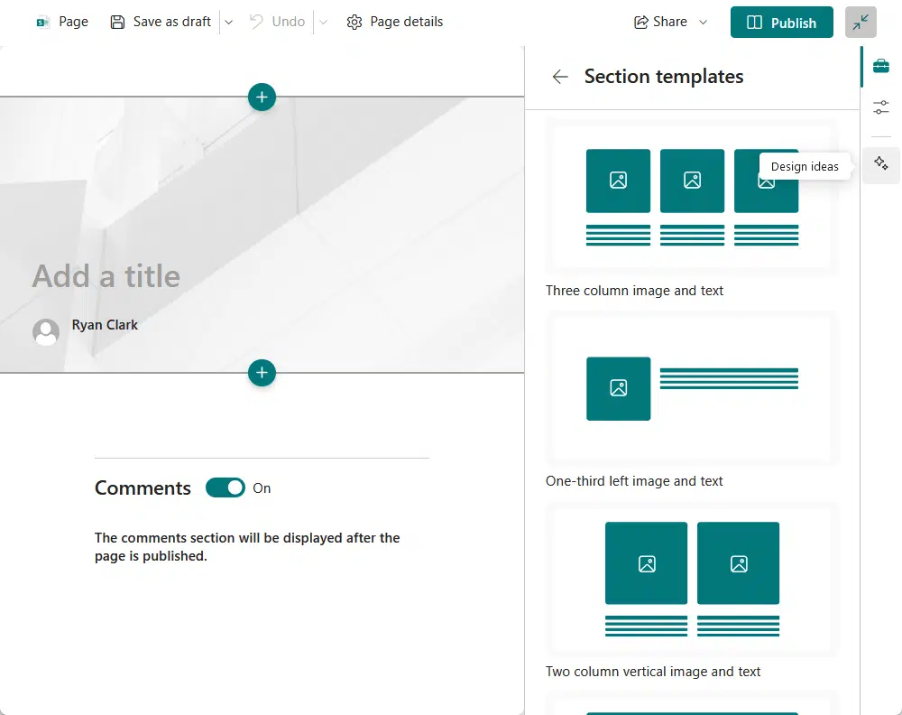 section templates when creating a page