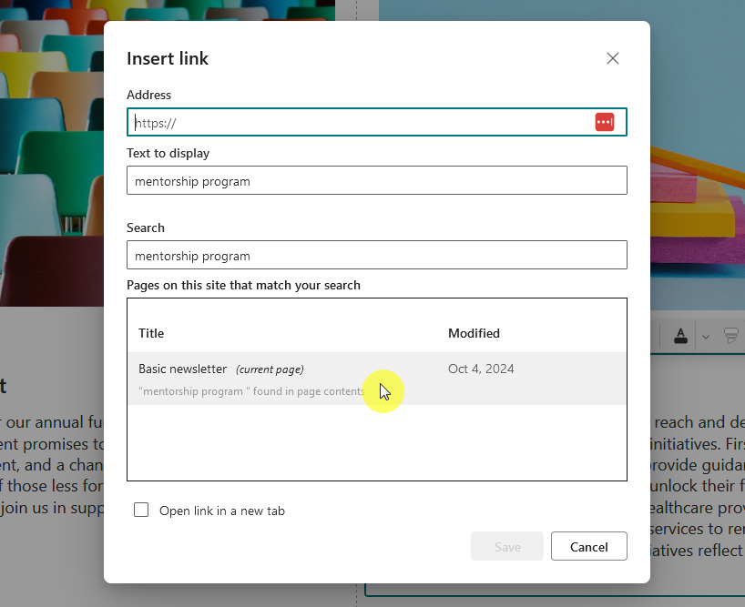 select a page as the hyperlink address