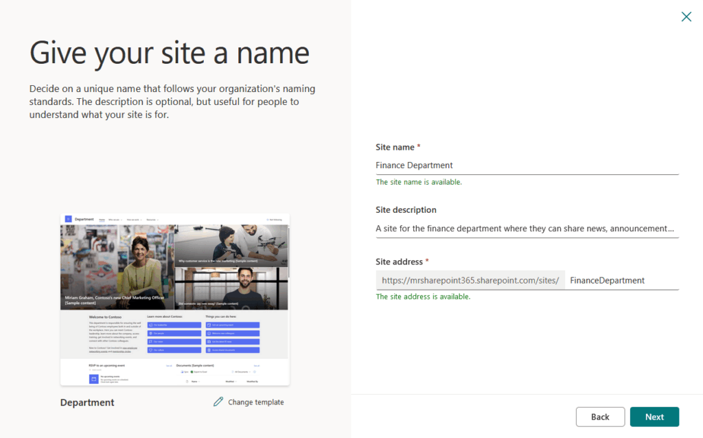 site name and description of a department communication site