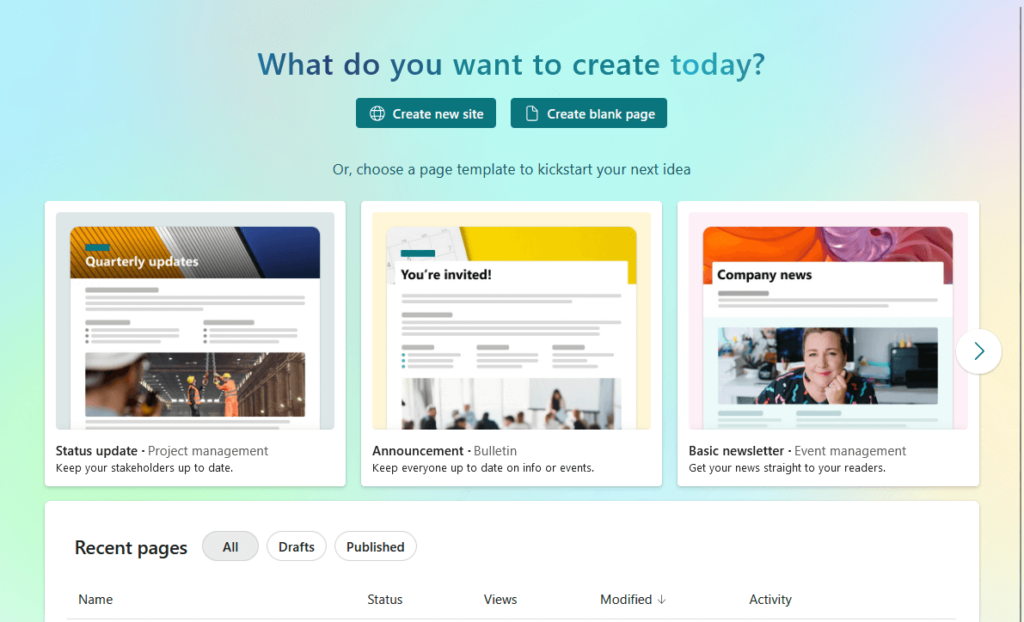 updated start page in sharepoint