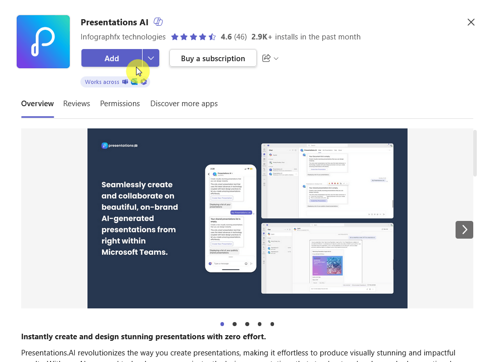add button for presentations ai app in teams