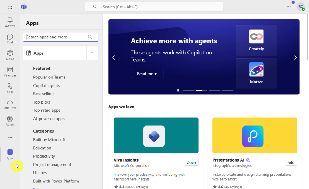apps icon in the sidebar in teams