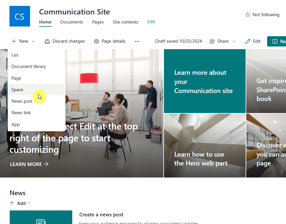 create a new space in a sharepoint communication site