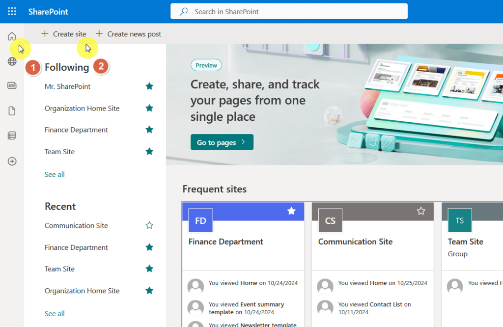 create site button on the start page