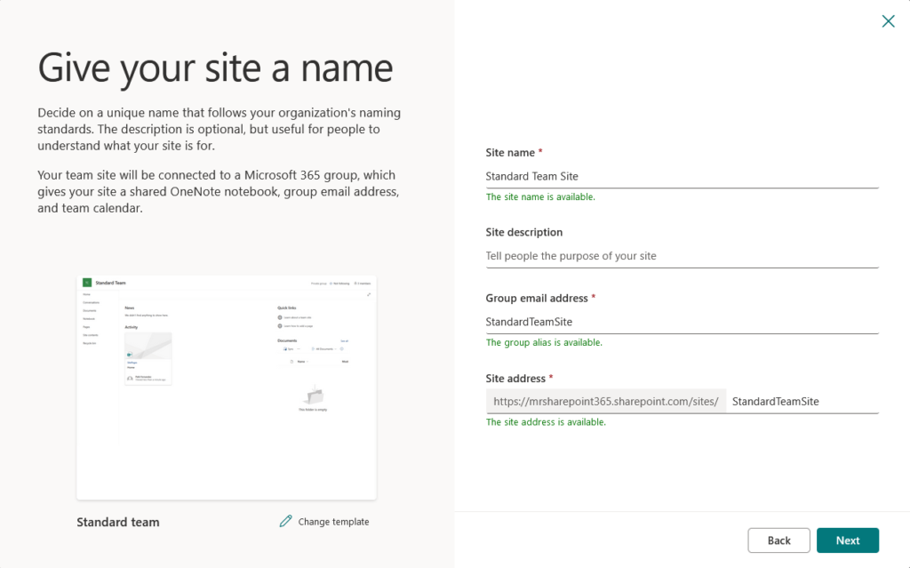 give your site a name on the new team site