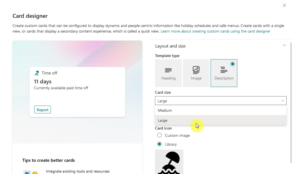large card size for dashboard for viva connections