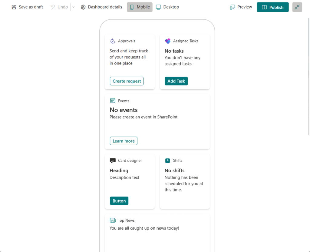 mobile view of the viva connections dashboard