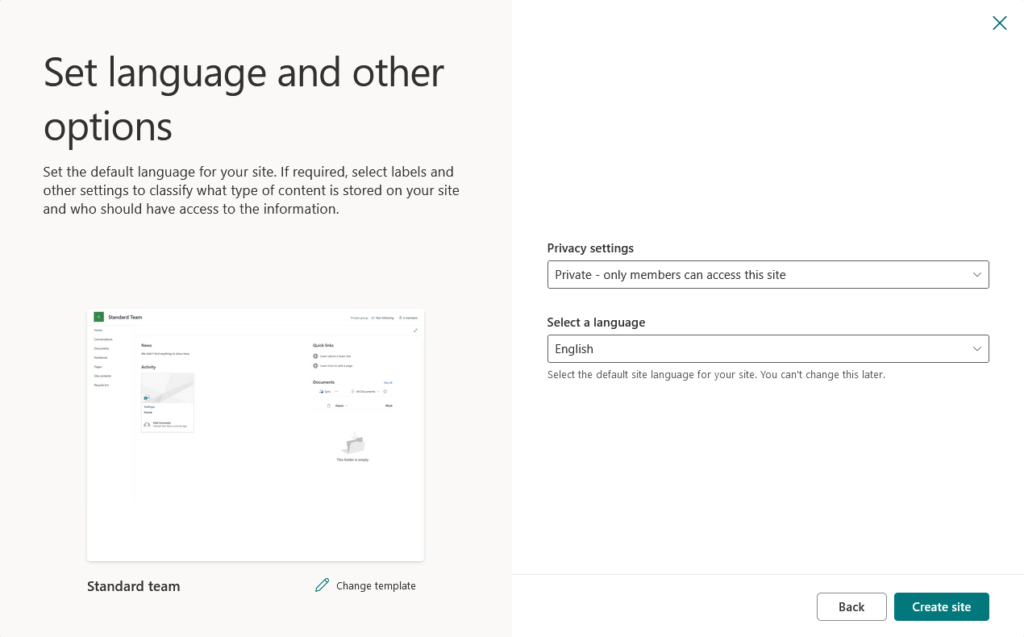 set language and other options for the new team site