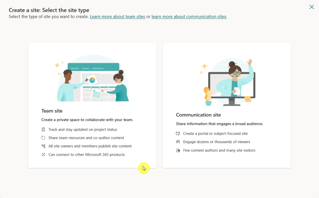 team site option in the create a site window
