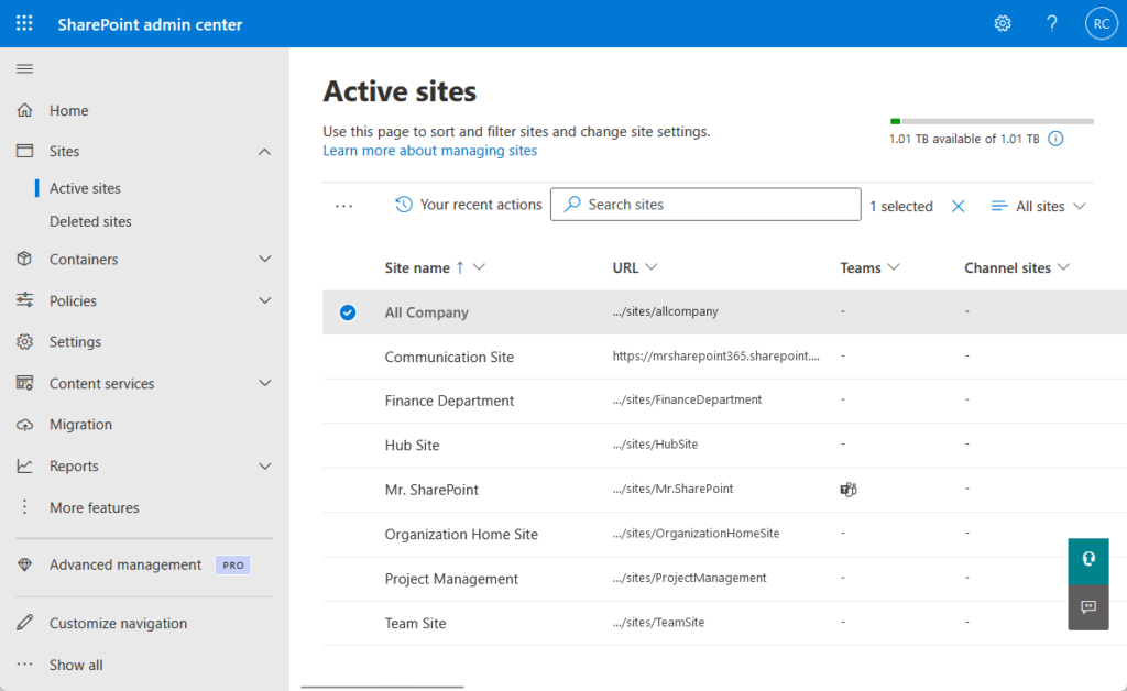 active sites page in the sharepoint admin center