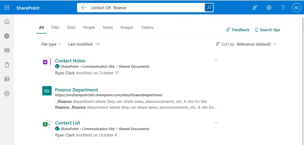 contact or finance search results