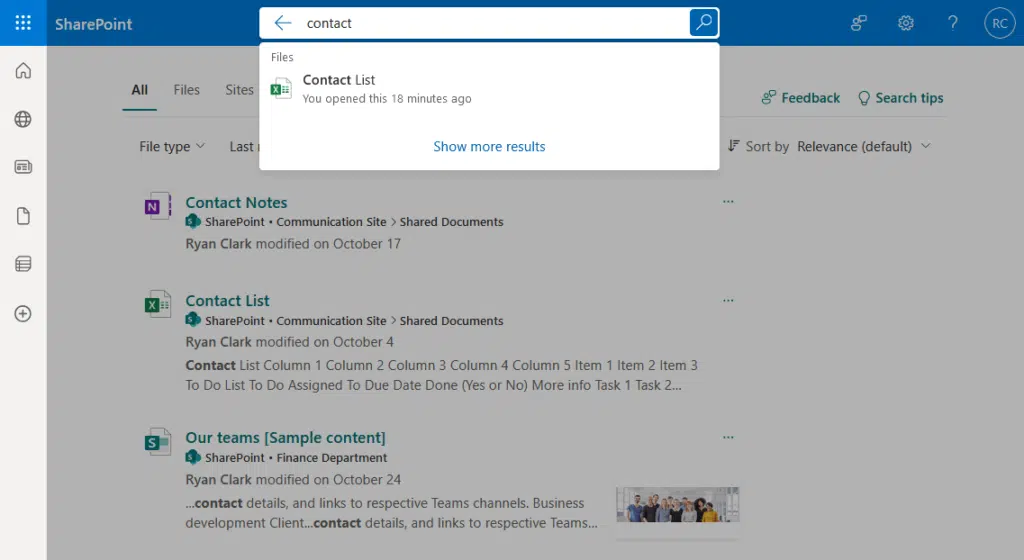 contact search results in the home search