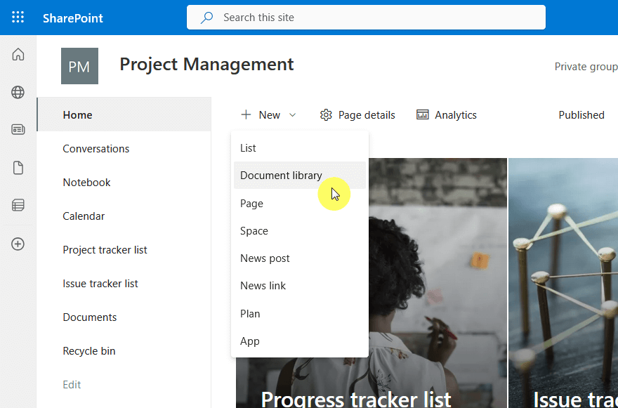 create a new document library on the pm site