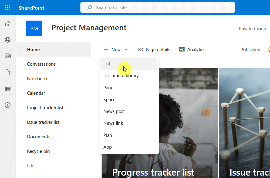 create a new list on the pm site