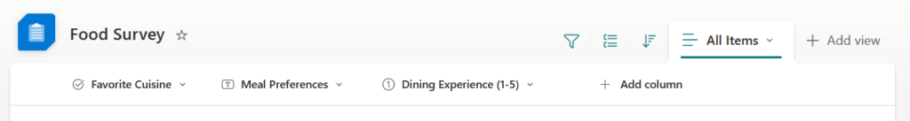 food survey list columns